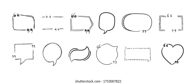 Hand drawn of doodle quotes boxes, speech bubbles isolated on white background. Quote, commas, message. Templates for design, banners, web sites. Template for your text. Vector illustration, eps 10.