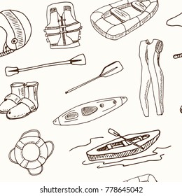Hand drawn doodle rafting seamless pattern Vector illustration. Symbol collection.