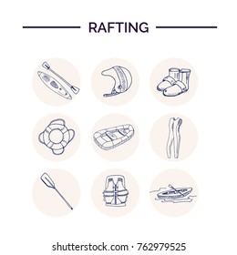 Hand drawn doodle rafting set. Vector illustration. Isolated elements Symbol collection.
