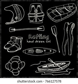 Hand drawn doodle rafting set. Vector illustration. Isolated elements on chalkboard background. Symbol collection.