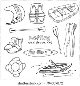 Hand drawn doodle rafting set. Vector illustration. Isolated elements on white background. Symbol collection.