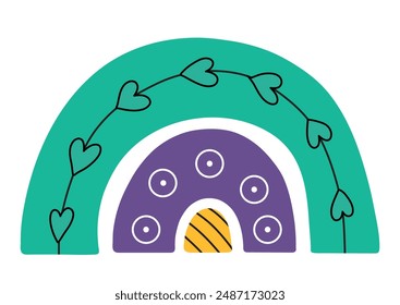 Hand drawn doodle rainbow isolated element on white background. Cute rainbow element in Scandinavian style. Vector illustration