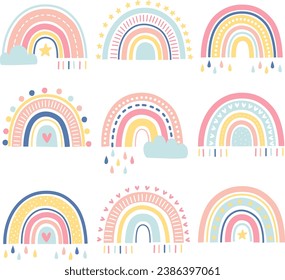 Hand drawn doodle rainbow . Repeat gender neutral nursery cute rainbows pattern. Vector illustration.