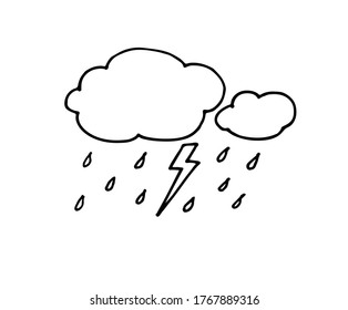 Hand drawn doodle rainy clouds with 
lightning drops. Vector illustration isolated on white. Simple black line, childish style