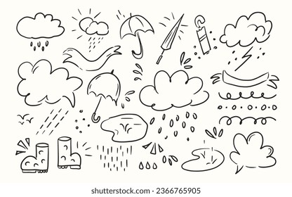 Hand drawn doodle rainy weather icons set. Autumn season vector illustrations in sketch style