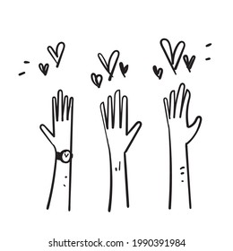 hand drawn doodle raise hand s and love symbol for Volunteering icon vector