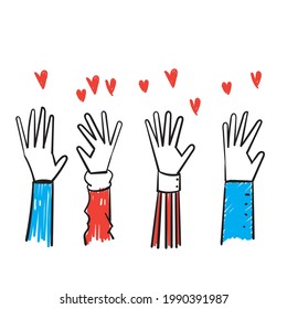 hand drawn doodle raise hand s and love symbol for Volunteering icon vector