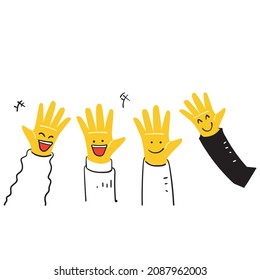 hand drawn doodle raised audience hand with smile face in the palm illustration vector