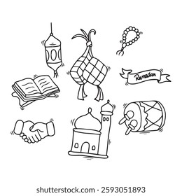 Hand drawn doodle Ramadan Kareem icons set. Vector illustration