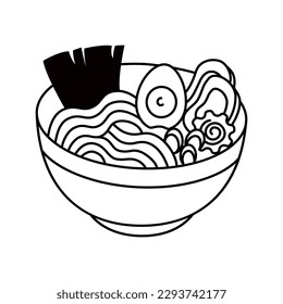 Hand drawn doodle ramen bowl. Korean traditional noodle soup vector illustration. Black and white line Asian food icon isolated on white background.