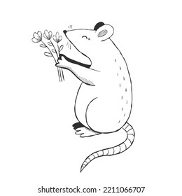 Hand Drawn Doodle Rat With Flower Bouquet. Mouse Sketch. Cartoon Character. Black And White Vector Illustration.