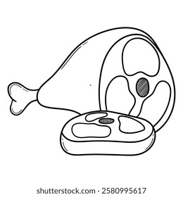 Hand drawn doodle raw pork or beef leg and steak isolated on white background. Vector illustration.