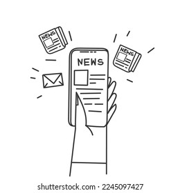 hand drawn doodle reading news on mobile phone illustration vector