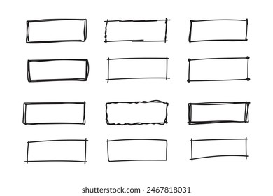 Hand drawn doodle rectangle frames. Grungy scribble rectangle frames. Doodle geometric borders. Pen ink empty black text boxes set. Vector illustration