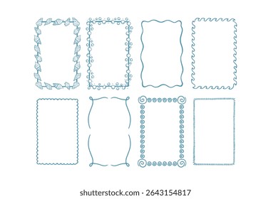 Hand drawn doodle rectangle frames set with wavy lines, seashells, bubbles and minimal borders for summer beach design and ocean-themed projects