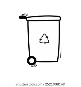 Hand Drawn Doodle Recycle Bin Illustration. Cute Black Outline Trash Bin Sticker Clip Art Icon on White Background Vector EPS 10