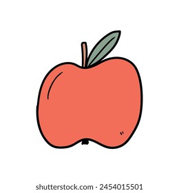 Hand drawn doodle red apple with leaf isolated on white background. Vector illustration.