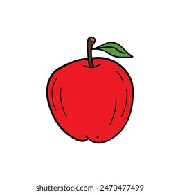 Hand drawn doodle red apple with green leaf isolated on white background. Healthy eating, vegan, vegetarian, vitamins. Vector illustration.