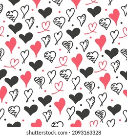 Hand drawn doodle red, black and outline hearts seamless pattern on white background. Vector illustration