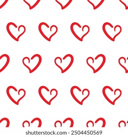 Hand drawn doodle red heart seamless pattern on white background. Cute love hearts Repeating pattern for Valentine's day holiday backdrop texture, romantic wedding design
