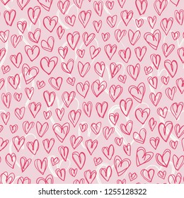 Hand Drawn Doodle Red Hearts Valentine's Day vector Seamless Pattern. Cute Graffity Pink Background