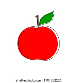 Hand drawn doodle red juicy apple on stem with green leaf with offset color fill in retro style. Healthy diet autumn fruits Thanksgiving icon sticker