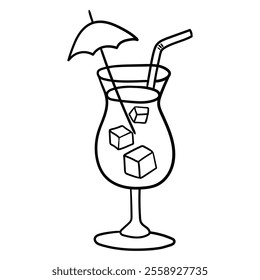 Hand drawn doodle refreshing cocktail with an umbrella and a straw isolated on a white background. Vector illustration.