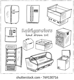 Hand drawn doodle refrigerator set. Vector illustration. Isolated elements on white background. Symbol collection.