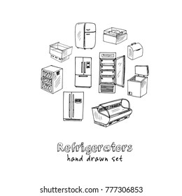Hand drawn doodle refrigerator set. Vector illustration. Isolated elements on white background. Symbol collection.