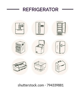 Hand drawn doodle refrigerator set. Vector illustration. Isolated elements Symbol collection.