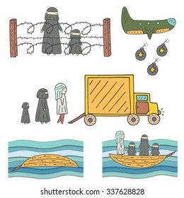 Hand drawn doodle refugees collection. Muslim refugee with child behind wire fence on the country border. Refugees ready to sit in the truck. Refugees  in the boat trying to cross the sea. 