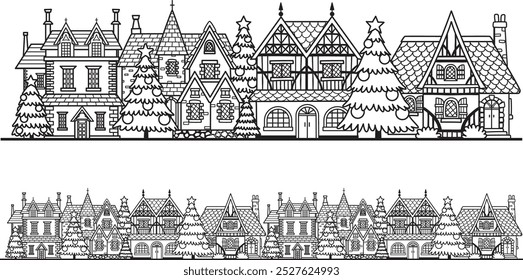 Hand drawn doodle repeatable Christmas in town in Europe, UK for bottom border decoration and so on. Vector Illustration.