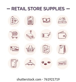 Hand drawn doodle retail store supplies set. Vector illustration. Isolated elements Symbol collection.