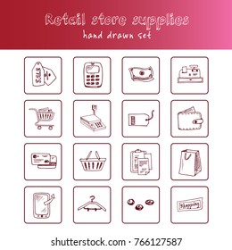 Hand drawn doodle retail store supplies set. Vector illustration. Isolated elements on white background. Symbol collection.