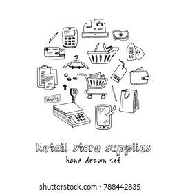 Hand drawn doodle retail store supplies set. Vector illustration. Isolated elements on white background. Symbol collection.