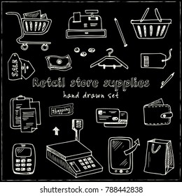 Hand drawn doodle retail store supplies set. Vector illustration. Isolated elements on chalkboard background. Symbol collection.