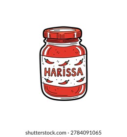 Hand drawn doodle of retro jar of spicy hot North African harissa chili paste
