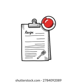 Hand drawn doodle of retro paper recipe note clipped with magnet