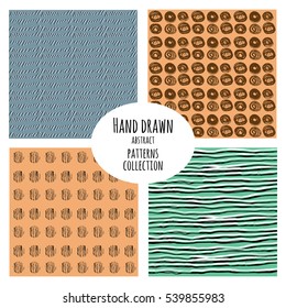 Hand drawn doodle retro patterns set. Abstract vector retro  backgrounds collection.