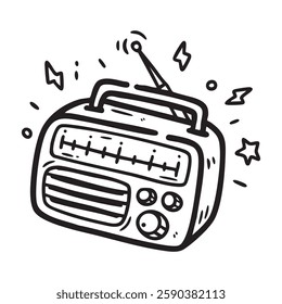 Hand drawn doodle of a retro radio with an antenna, tuning dial, and speaker. Perfect for vintage-themed designs, music-related content, and nostalgic illustrations.