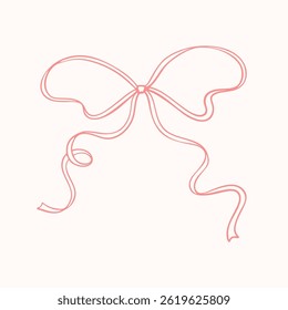 Hand drawn doodle ribbon bow. Cute line art vector vintage illustration. Trendy design element in coquette minimalist style for wedding, Valentines day, birthday party. Present and gift box decoration