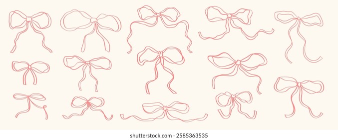 Hand drawn doodle ribbons. Vintage whimsical cute bows vector illustration. Coquette design elements in retro French style for wedding or Christmas invitation, dinner menu.