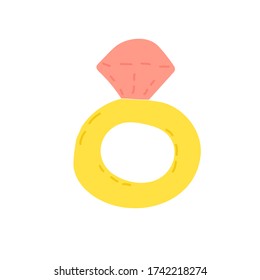 Hand drawn doodle ring with stone, childisj jewelry. Simple vector illustration with pink stone and gold metall isolated on white background.