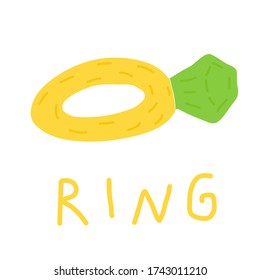Anillo de doodle dibujado a mano con piedra, joyería childisj. Ilustración simple vectorial de color con metal dorado y piedra verde aislada sobre fondo blanco.