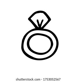 Hand drawn doodle ring with stone, childisj jewelry. Simple vector illustration with black stroke isolated on white background.