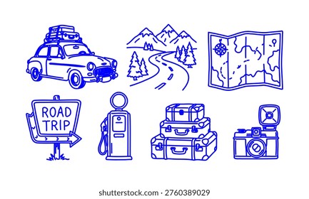 Hand Drawn Doodle Road Trip Travel Icons Set with Car Mountains Map Gas Station Luggage and Camera Sketch Style Adventure Collection