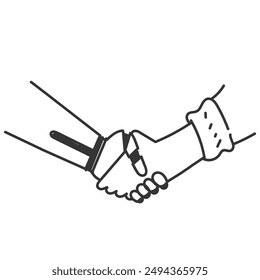 hand drawn doodle Robot and human hands interact with each other