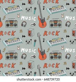 Hand drawn doodle rock music instruments vector graphic pattern