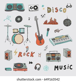 Hand Drawn Doodle Rock Music Instruments Vector Graphic Set