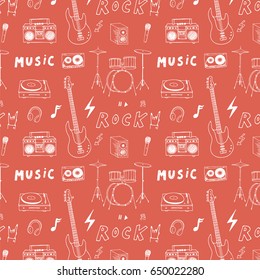 Hand drawn doodle rock music instruments vector graphic pattern